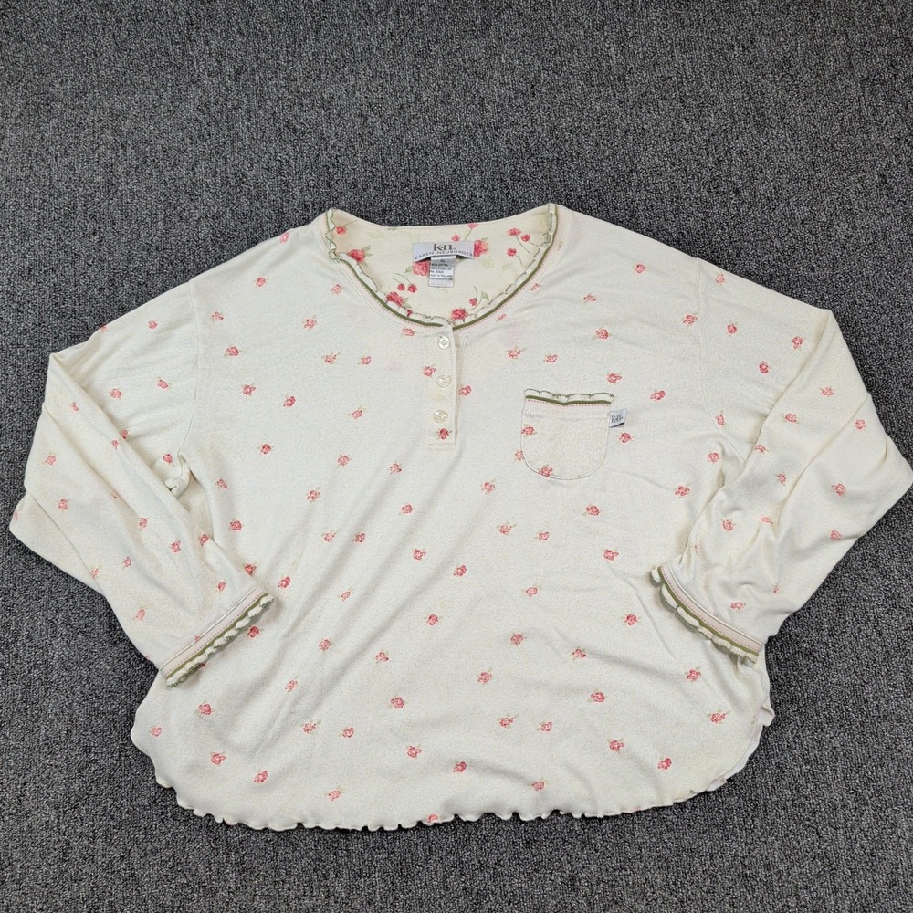 Karen‎ Neuburger VTG XL Cream Floral Henley Sleep Top Cottagecore Lettuce Edge